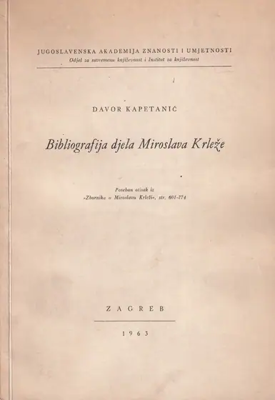 Naslovnica: BIBLIOGRAFIJA DJELA MIROSLAVA KRLEŽE