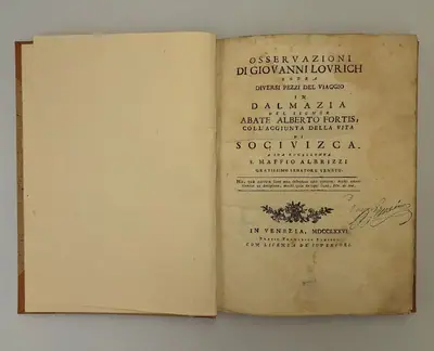 Naslovnica: Osservazioni di Giovanni Lovrich sopra diversi pezzi del Viaggio in Dalmazia del signor abate Alberto Fortis coll’aggiunta della vita di Soçivizca