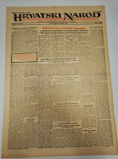 Naslovnica: Hrvatski narod - glasilo hrvatskog ustaškog pokreta br. 625/1943.