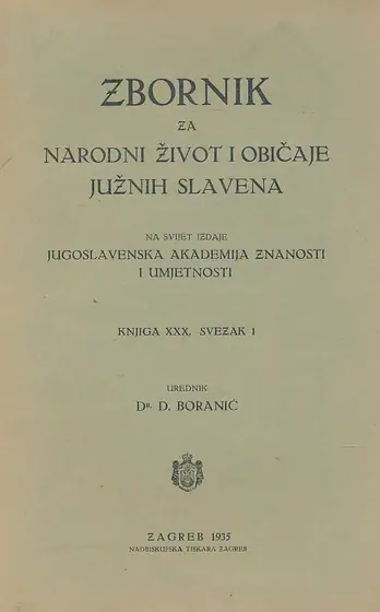 Naslovnica: Zbornik za narodni život i običaje Južnih Slavena, knjiga XXX sv. 1/1935