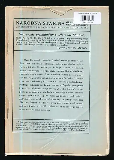 Naslovnica: Narodna starina, sv. 16/1928